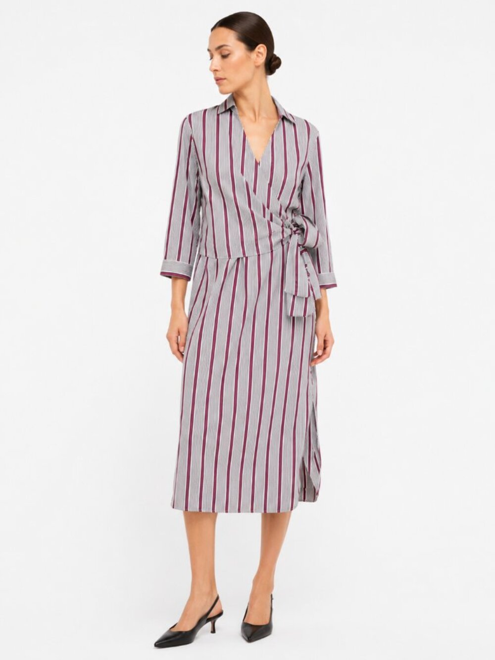 LE SARTE PETTEGOLE 100% COTTON WHITE BLUE RED STRIPED WRAP SHIRT DRESS - XS (40)